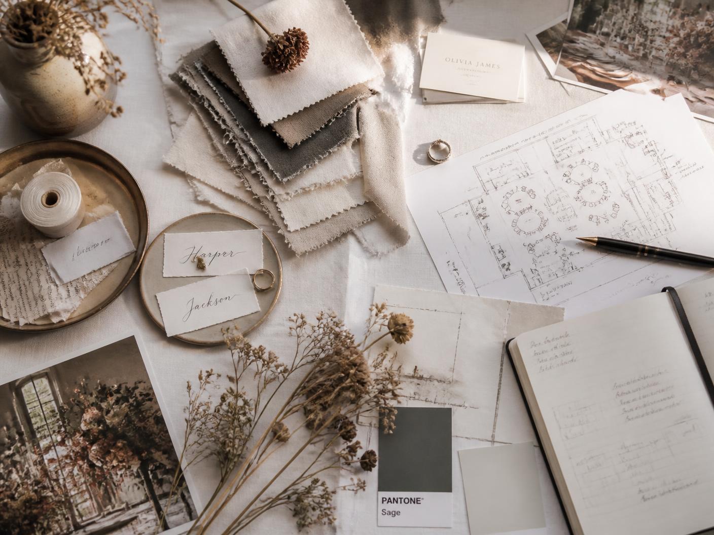 Planning desk with fabric swatches, floor plan sketches, and place cards